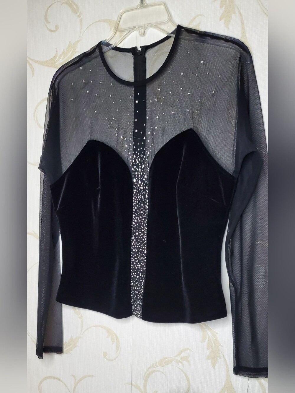 Black RHINESTONE Sheer Velvet Longsleeve Top